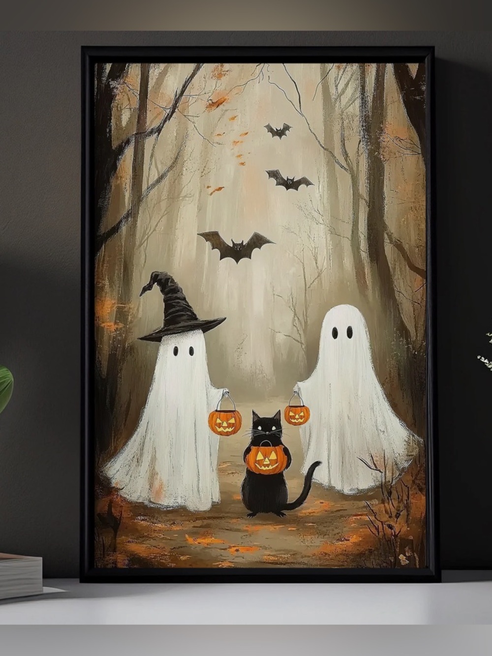 Ghost And Cat Trick Or Treat Halloween framed 8x10 print, Spooky Season